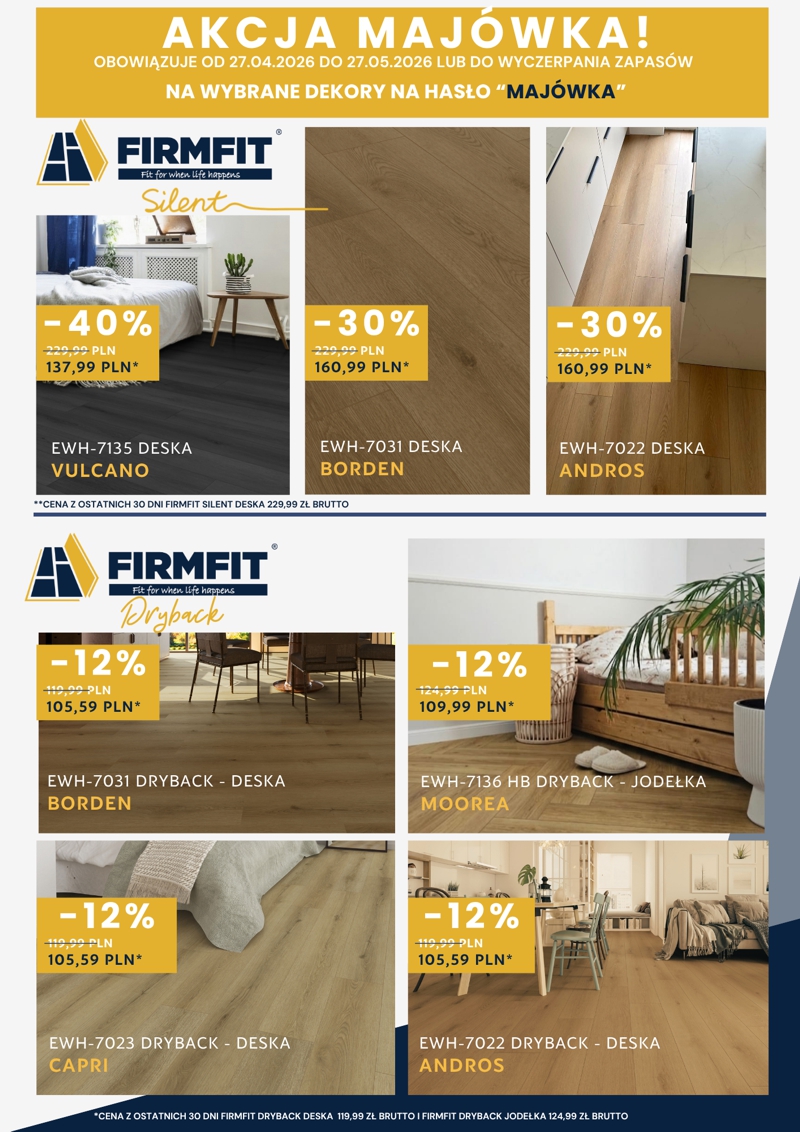 Advertisement collage promoting Firmit flooring with up to 40% off and 30% off on wood planks, showing products Vulcano, Borden, Andros, Moorea, Capri, and Andros options with prices.