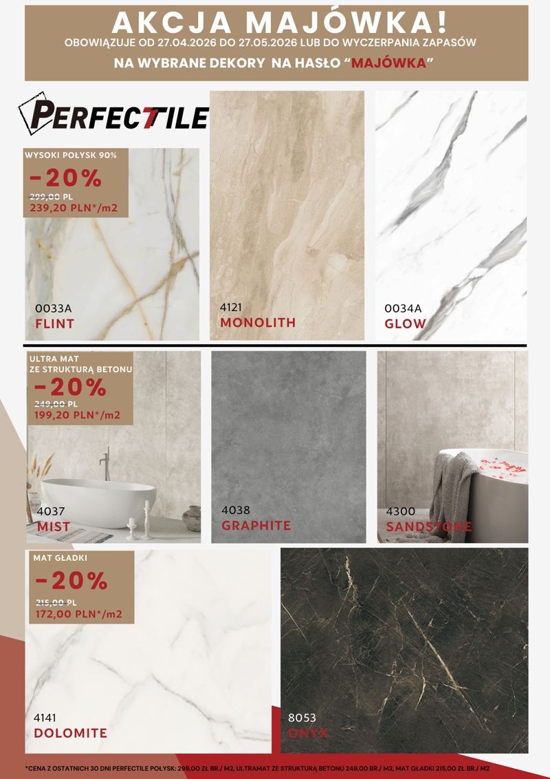 Promotional tile catalog with swatches and sale label: Flint, Monolith, Glow, Mist, Graphite, Sandstone, Dolomite, Onyx with -20% discounts and dates at top (Majówka).